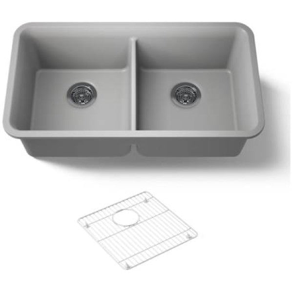 Kohler K-8199-CM4 Cairn 33-1-2" Undermount Double Equal Bowl Neoroc Composite Kitchen Sink with Right Sink Rack Included