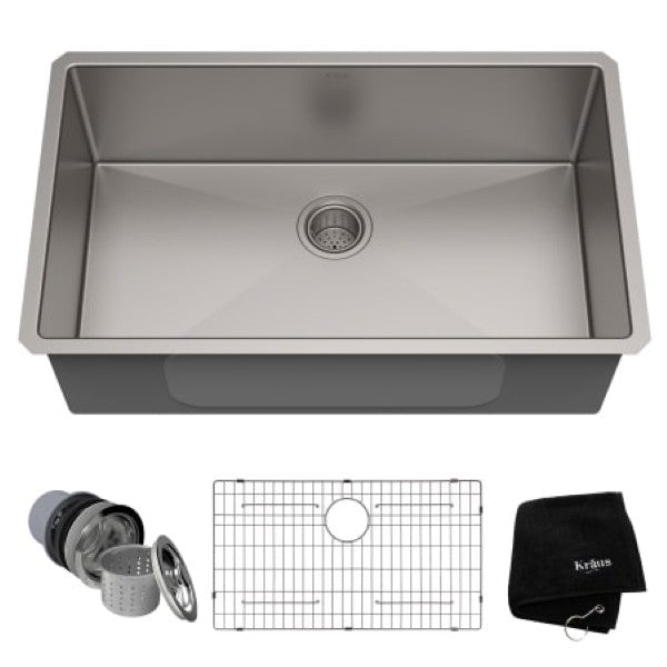 Kraus KHU100-32 Standart PRO 32" Single Basin 16 Gauge Stainless Steel Kitchen Sink for Undermount Installations - Basin Rack and Basket Strainer Included