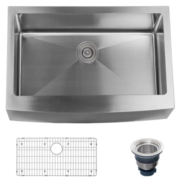 Miseno MNO163020F Farmhouse 30" Single Basin Stainless Steel Kitchen Sink with Apron Front - Drain Assembly and Fitted Basin Rack Included Free