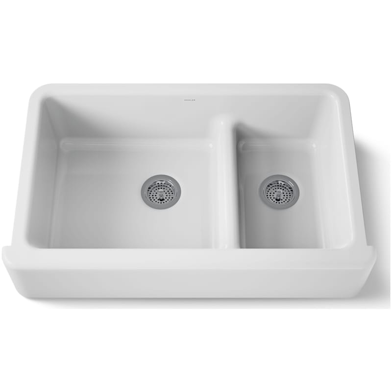 Kohler K-6427-0 Whitehaven 35-11-16" Self-Trimming Farmhouse Double Basin Apron Front Enameled Cast Iron Kitchen Sink with Smart Divide Basin