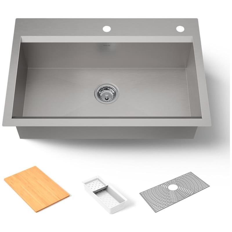 Kohler K-80084-2PC-NA Task 33" Undermount Single Basin Stainless Steel Kitchen Sink with Basket Strainer, Colander, and Cutting Board