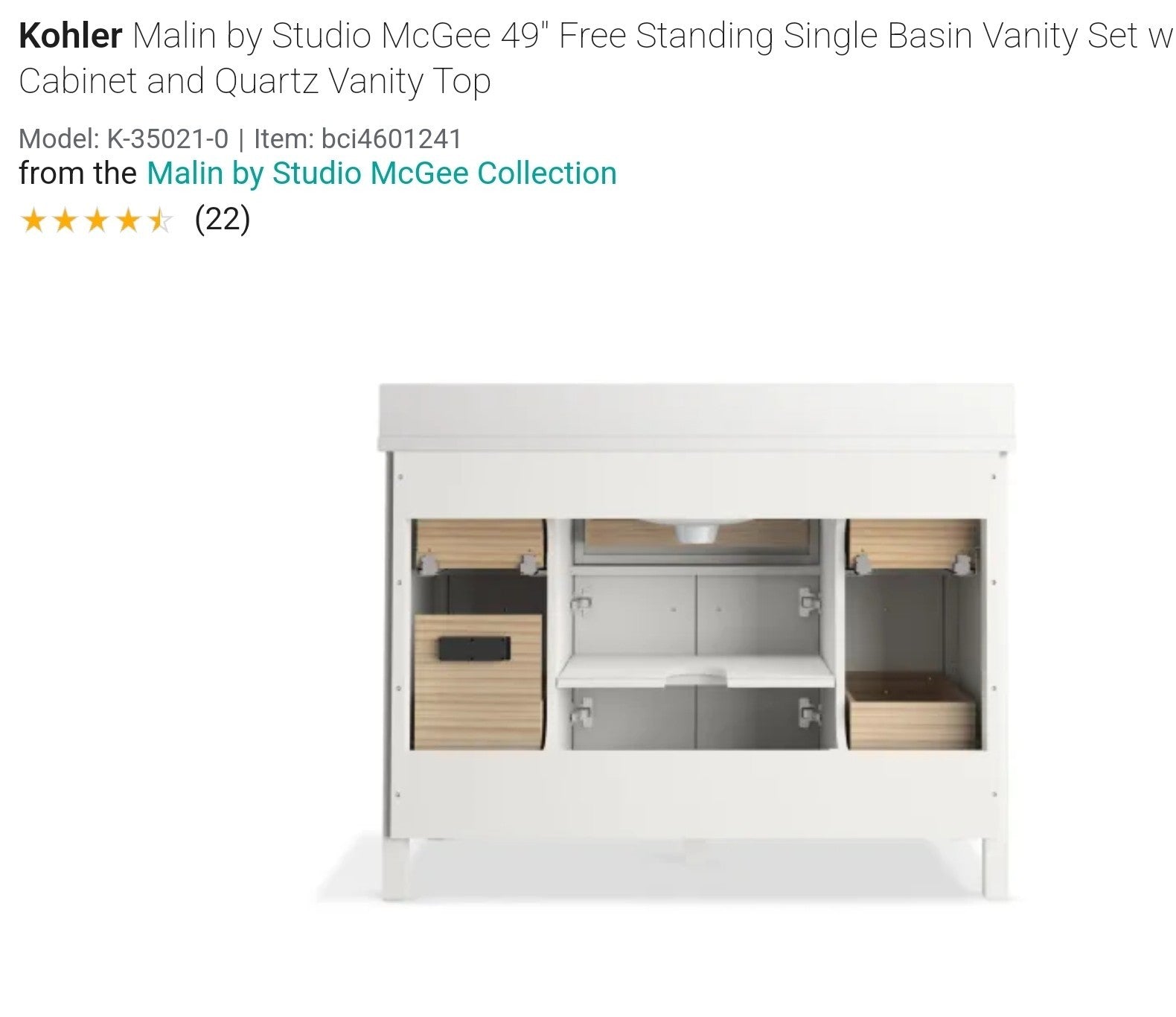 Kohler Malin K-35021-0 49" Free Standing Single Basin Vanity Set with Cabinet