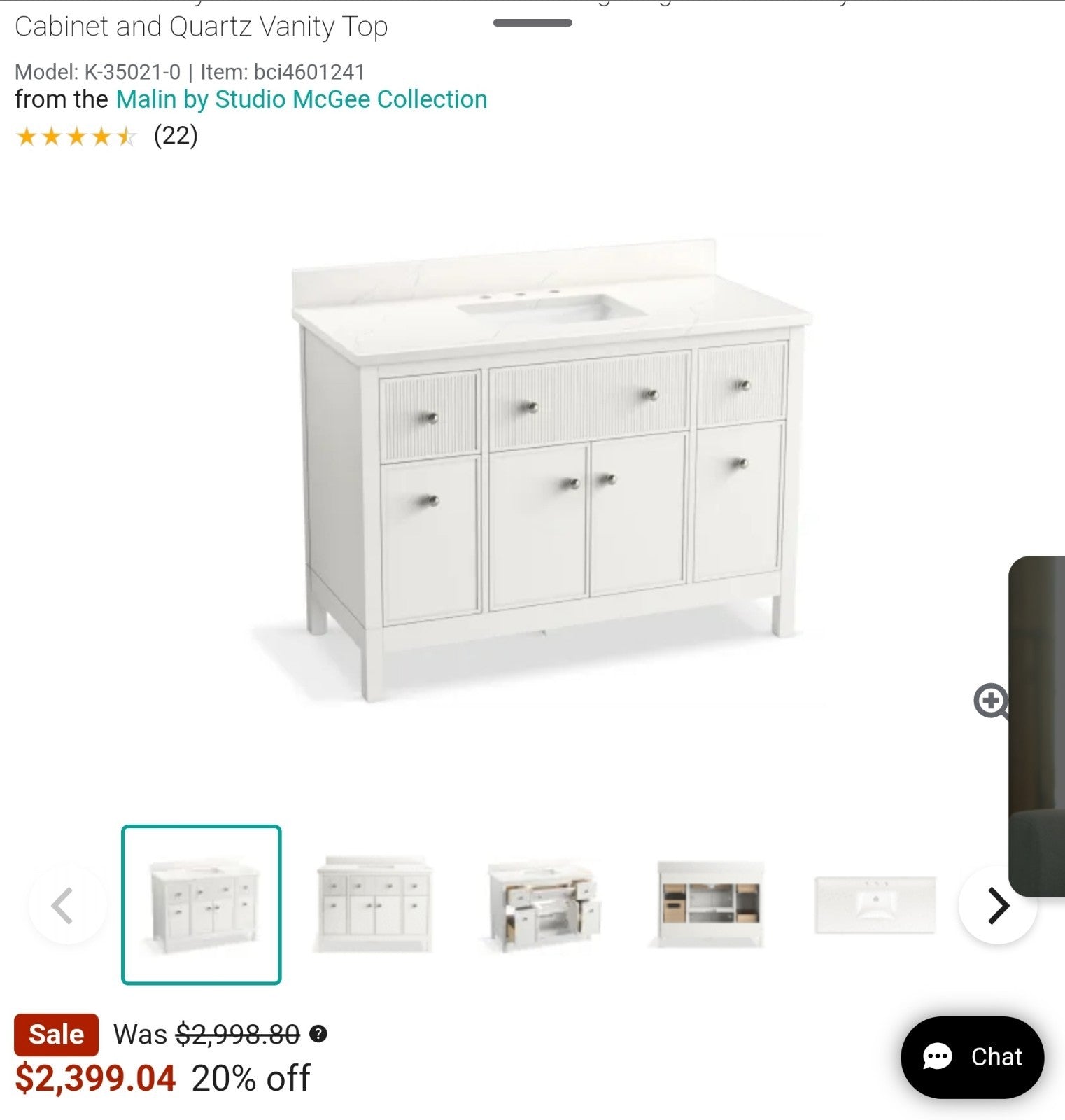 Kohler Malin K-35021-0 49" Free Standing Single Basin Vanity Set with Cabinet